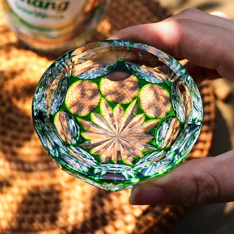 Luxury Whiskey Glass Edo Kiriko Jade Blossom Hand-Carved Crystal | Japanese Artisan Glassware