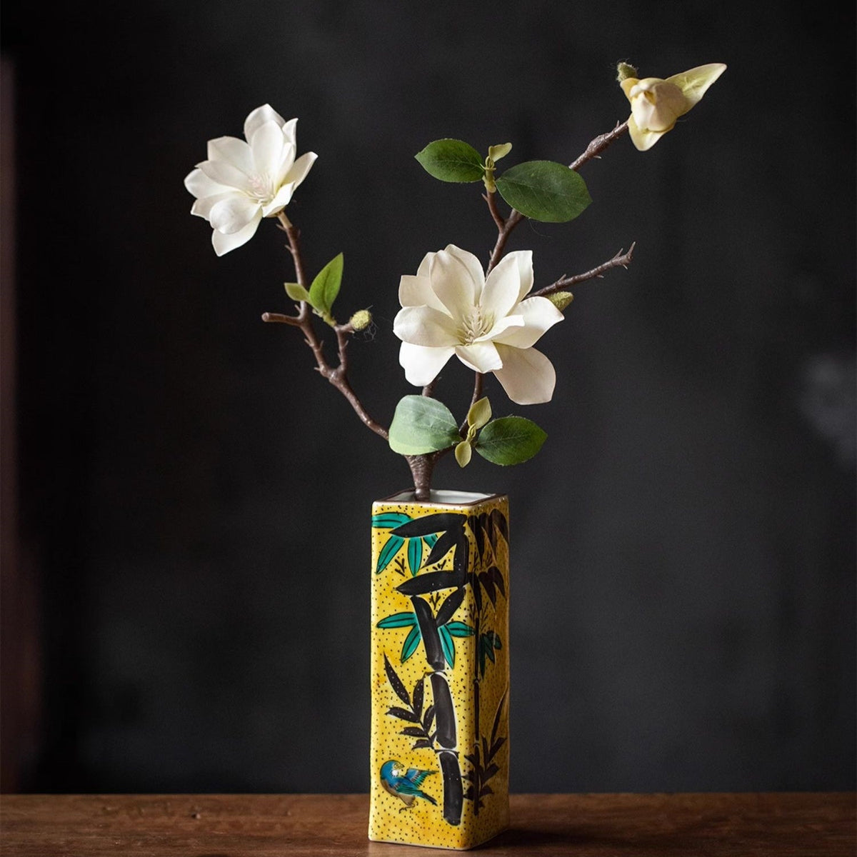 Japanese Ceramic Vase – Kutaniyaki Bamboo Sparrow Gold Glaze