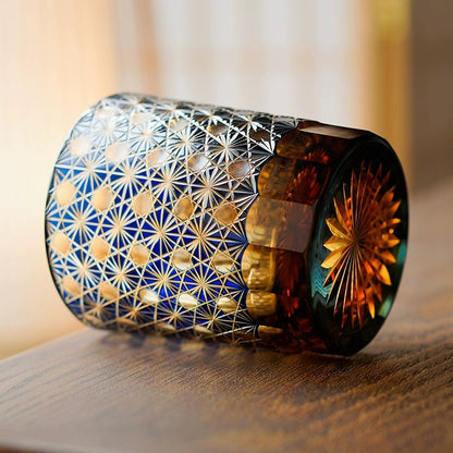 Whiskey Glass Edo Kiriko Star Chrysanthemum – Hand-Cut Japanese Tumbler with Wooden Box | Blue Amber & Red Amber