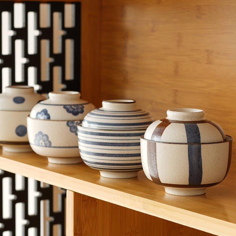 Ceramic Bowl with Lid Japanese Handcrafted Rounded Lidded Bowl Stripes Dotted Flower Styles