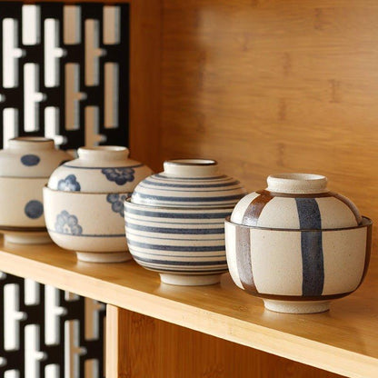 Ceramic Bowl with Lid Japanese Handcrafted Rounded Lidded Bowl Stripes Dotted Flower Styles