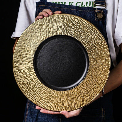Ceramic Serving Plate – Matte Finish Black White Gold Rim