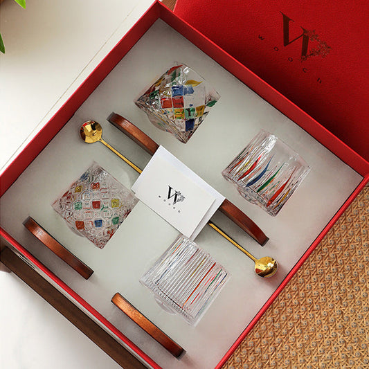 Whiskey Glass Rotating Stained Crystal | Wooden Base Gift Set
