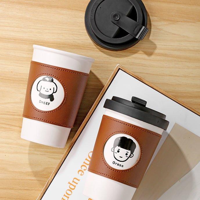 Reusable Coffee Cup Ceramic with Leather Sleeve & Lid – Eco-Friendly Travel Mug | Boy, Girl & Doggie