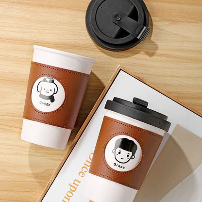 Reusable Coffee Cup Ceramic with Leather Sleeve & Lid – Eco-Friendly Travel Mug | Boy, Girl & Doggie