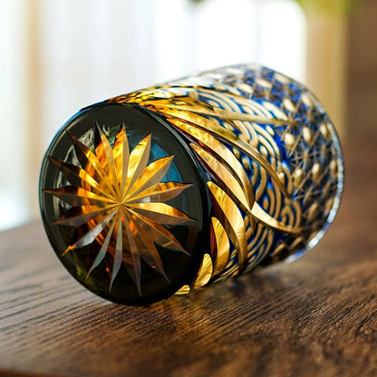 Whiskey Glass Edo Kiriko Blue Amber – Hand-Cut Japanese Tumbler with Wooden Box | Blue Chrysanthemum & Starry Sea