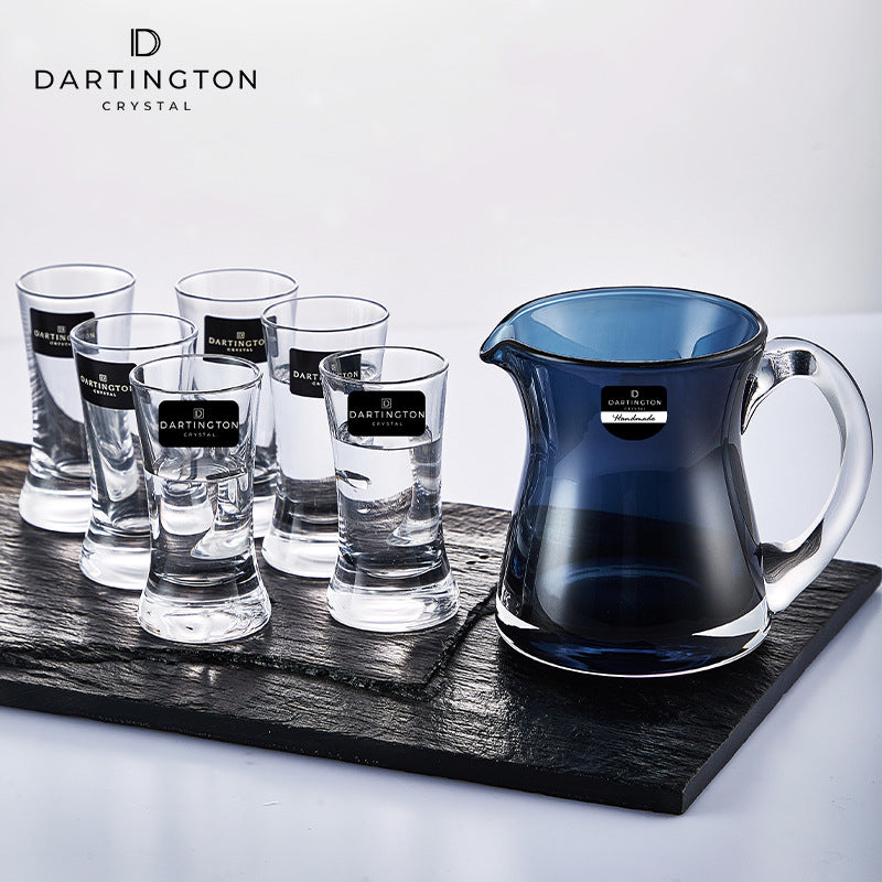 Shot Glasses Set Dartington Royal Crystal with Blue Cream Jug – Lead-Free Spirits Set Made in England