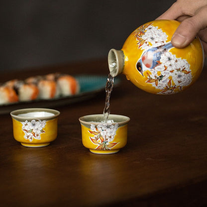 Japanese Sake Set – Kutaniyaki Yellow Sparrow Ceramic