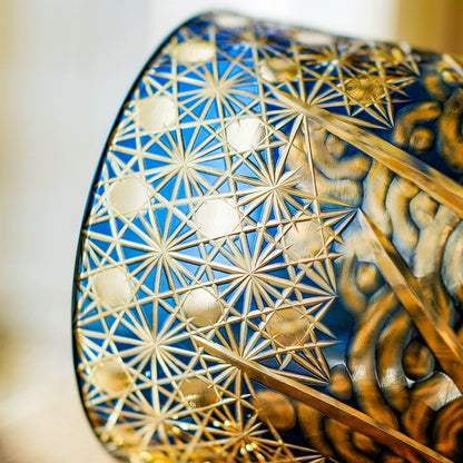 Whiskey Glass Edo Kiriko Blue Amber – Hand-Cut Japanese Tumbler with Wooden Box | Blue Chrysanthemum & Starry Sea