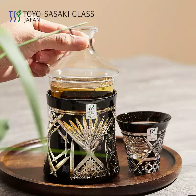 Sake Set Kiriko Glass – Gold Leaf Black Crystal Handcrafted