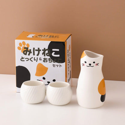 Ceramic Sake Set Kitten Japanese Handcrafted Flagon 2 Cups with Tray