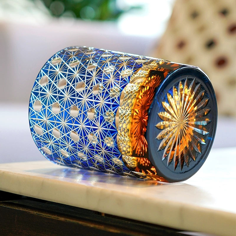 Whiskey Glass Edo Kiriko Star Chrysanthemum – Hand-Cut Japanese Tumbler with Wooden Box | Blue Amber & Red Amber