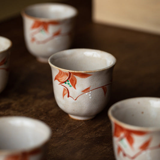 Tea Cup Set of 5 Japanese Ceramic Autumn Leaf Hand-Painted Koyo