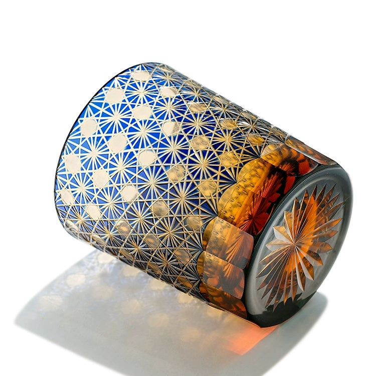 Whiskey Glass Edo Kiriko Star Chrysanthemum – Hand-Cut Japanese Tumbler with Wooden Box | Blue Amber & Red Amber