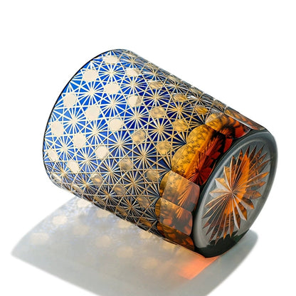 Whiskey Glass Edo Kiriko Star Chrysanthemum – Hand-Cut Japanese Tumbler with Wooden Box | Blue Amber & Red Amber