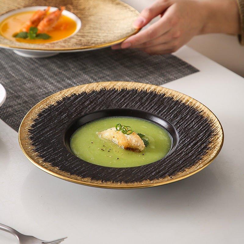 Ceramic Pasta Bowl Plate – Matte Finish Black White Gold Rim