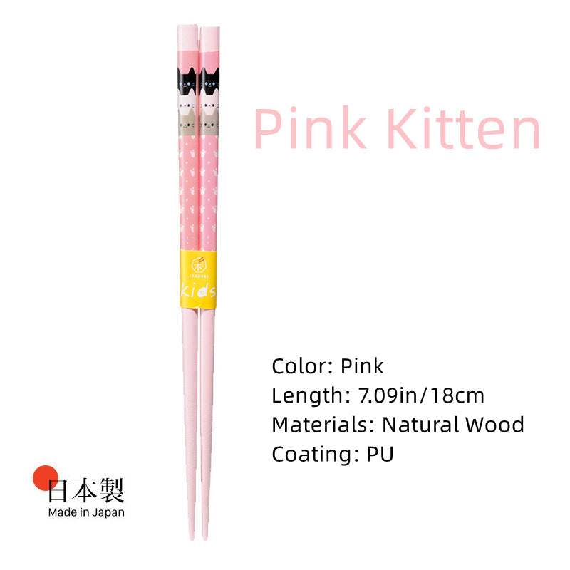Kids Chopsticks Wooden Japanese Handcrafted Cartoon Kitten Frog Design Children Beginner Chopsticks