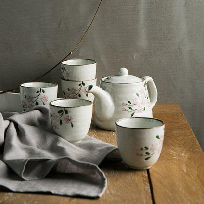 Ceramic Tea Set Japanese Handcrafted Glazed Sakura Teapot and 5 Cups Cherry Blossom Gift Set