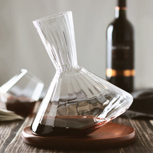 Wine Decanter with Wooden Base – Orbital Swirling Crystal Glass