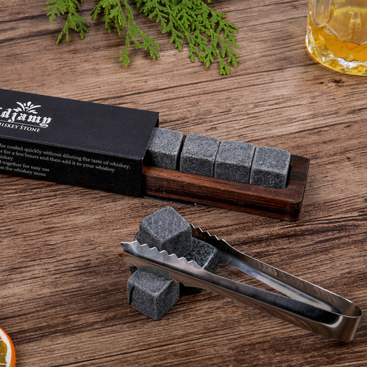 Whiskey Stones Set of 6 Natural Stone Ice Cubes with Wooden Tray – Chilling Rocks for Drinks