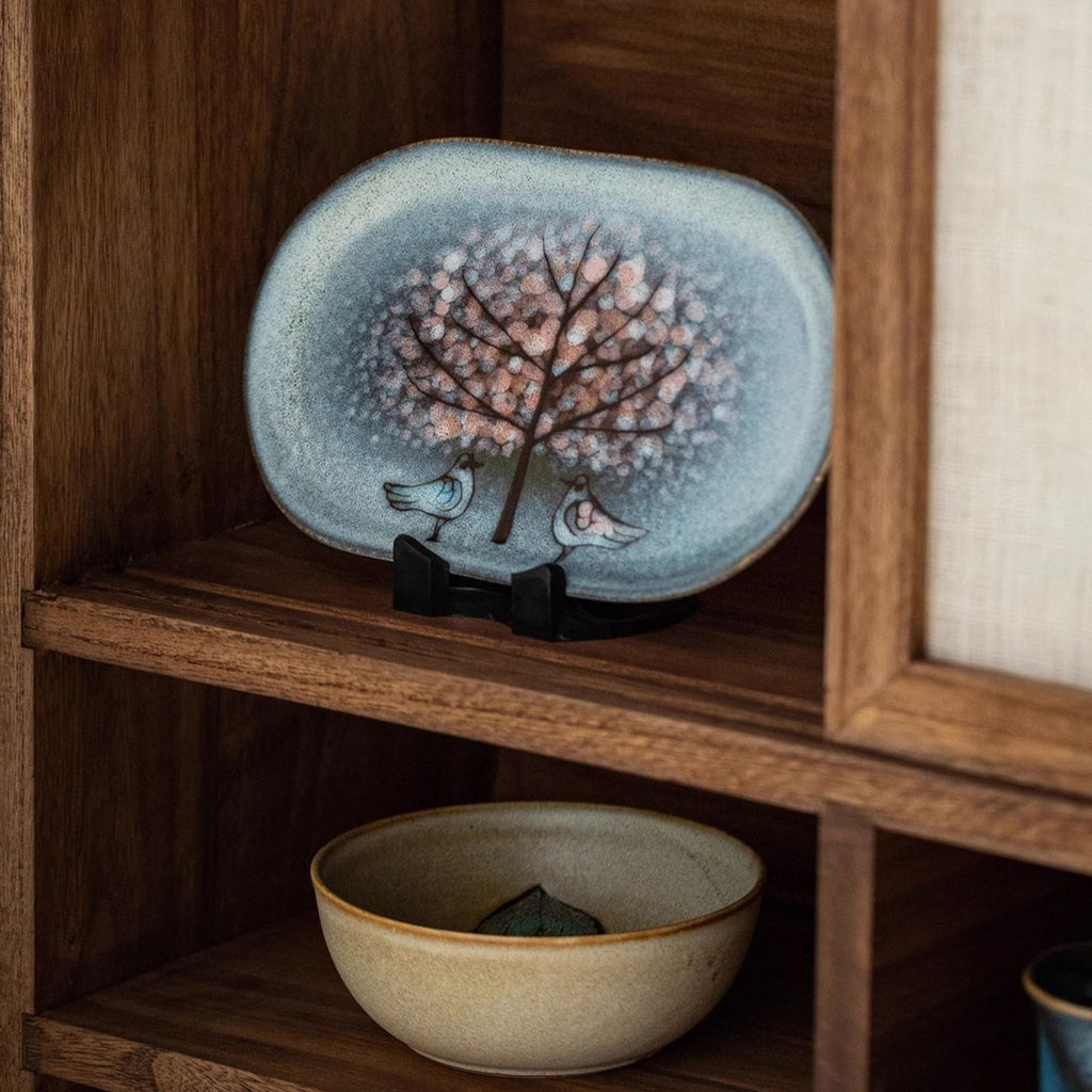 Ceramic Oval Platter – Nunobiki Ware Twin Sparrow Handcrafted