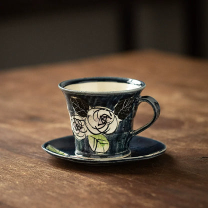Coffee Cup and Saucer Set – Mino Ware Oribe Camellia Ceramic