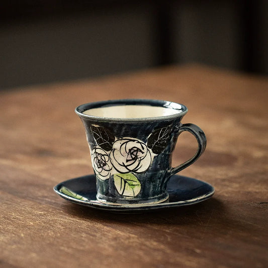Coffee Cup and Saucer Set – Mino Ware Oribe Camellia Ceramic