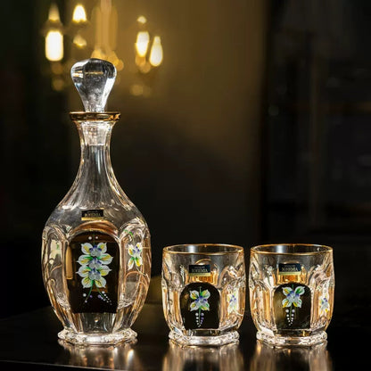 Whisky Glass Decanter Set Bohemia Gold Enamel Flower Czech Crystal Short Tall Whisky Glass Decanter Gift Box