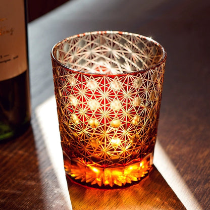Whiskey Glass Edo Kiriko Star Chrysanthemum – Hand-Cut Japanese Tumbler with Wooden Box | Blue Amber & Red Amber