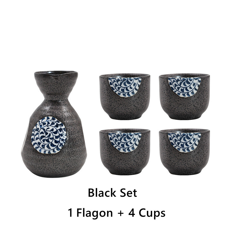 Japanese Sake Set – Sakura Ceramic 1 Flagon 4 Cups Blue Black