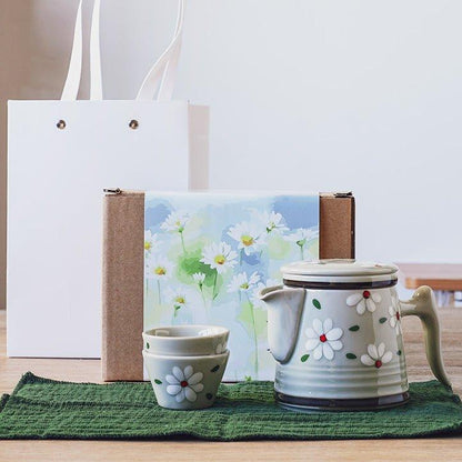 Ceramic Tea Set Japanese Floral Teapot 2 Cups with Carrying Case