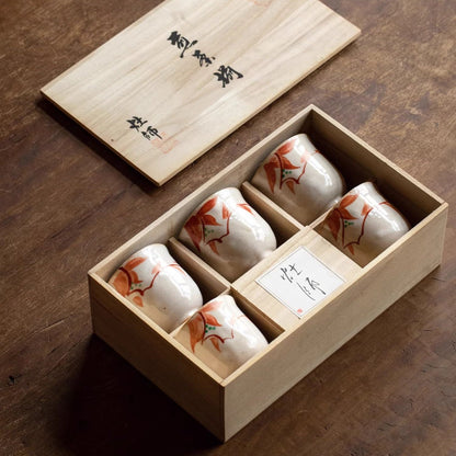 Tea Cup Set of 5 Japanese Ceramic Autumn Leaf Hand-Painted Koyo