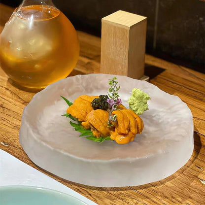 Japanese Glass Serving Plate – Frosted Textured Round Elegant