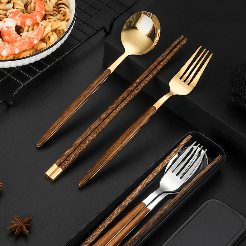 Chopsticks Fork Spoon Set | Stainless Steel & Wood Handle