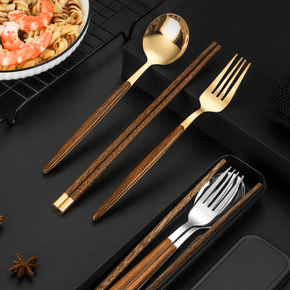 Chopsticks Fork Spoon Set | Stainless Steel & Wood Handle