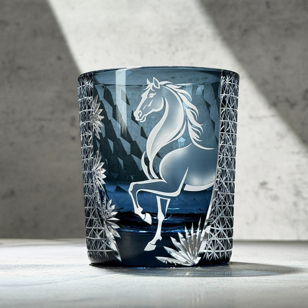 Whiskey Glass Meiba Horse | Edo Kiriko Handcrafted Crystal Glass Blue & Black