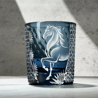 Whiskey Glass Meiba Horse | Edo Kiriko Handcrafted Crystal Glass Blue & Black