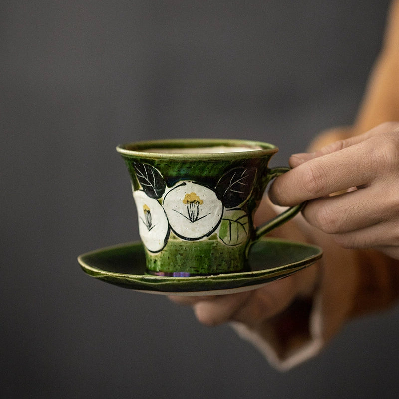 Coffee Cup and Saucer Set – Mino Ware Oribe Camellia Ceramic