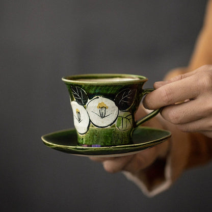 Coffee Cup and Saucer Set – Mino Ware Oribe Camellia Ceramic