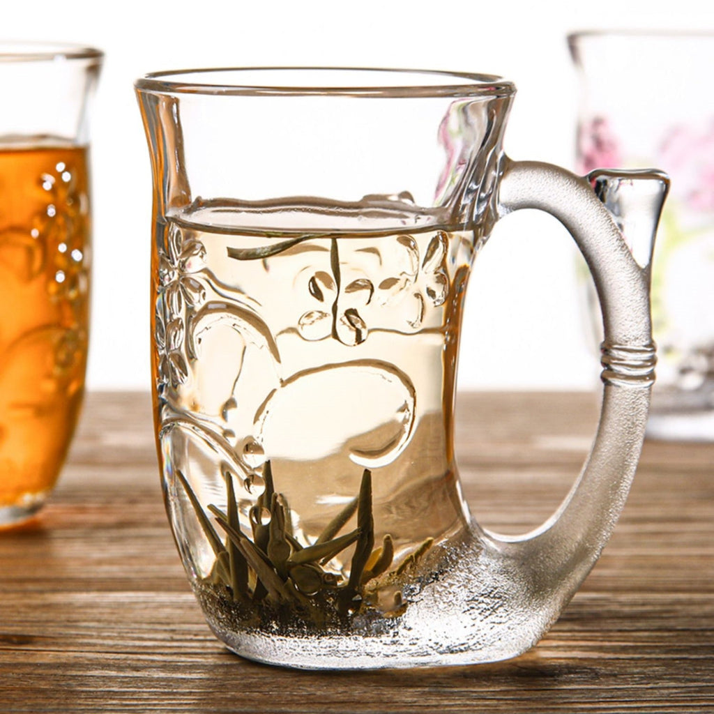 Glass Coffee Mug Set – Mermaid Tail Handle Floral Relief Drinkware