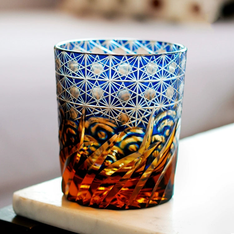 Whiskey Glass Edo Kiriko Blue Amber – Hand-Cut Japanese Tumbler with Wooden Box | Blue Chrysanthemum & Starry Sea