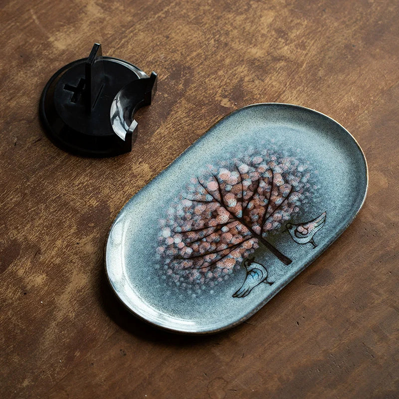 Ceramic Oval Platter – Nunobiki Ware Twin Sparrow Handcrafted