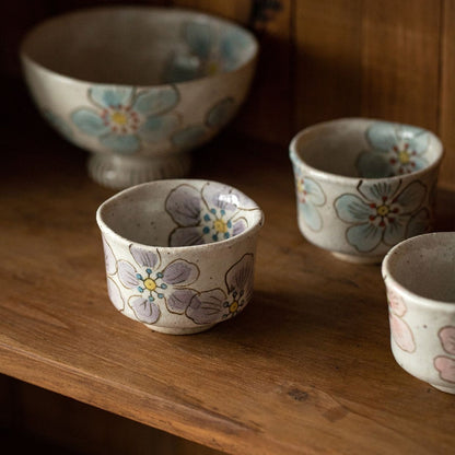 Tea Cup Set of 5 – Mino Ware Hana-Nagare Floral Painted