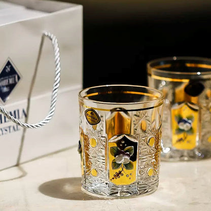 Whisky Glasses Bohemia Enchanted Blossom Cut Crystal Gold Enamel Floral Czech Crystal Whisky Glass Gift Set of 2