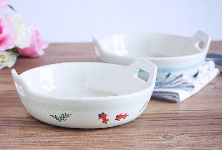 Ceramic Baking Plate Japanese Handcrafted Goldfish Design Oven Safe Serving and Decorative Plate