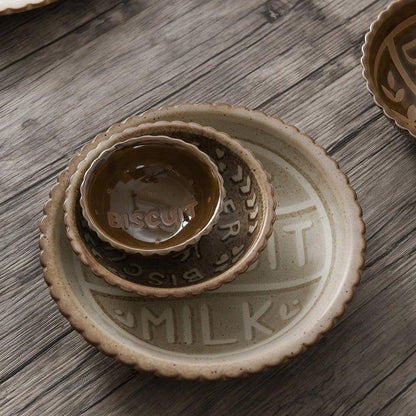 Ceramic Tableware Japanese Butter Biscuit Embossed Plate Bowl Set