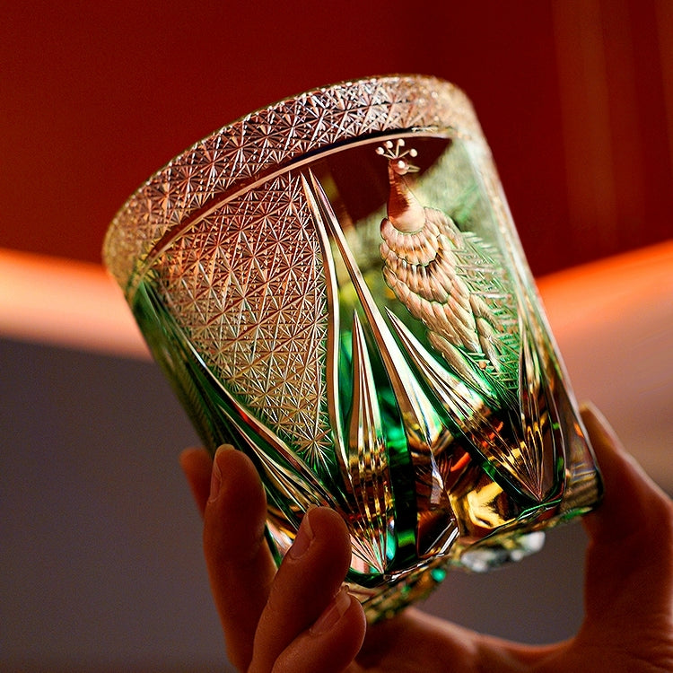 Whiskey Glass Edo Kiriko Handcrafted Emerald Peacock with Wooden Gift Box
