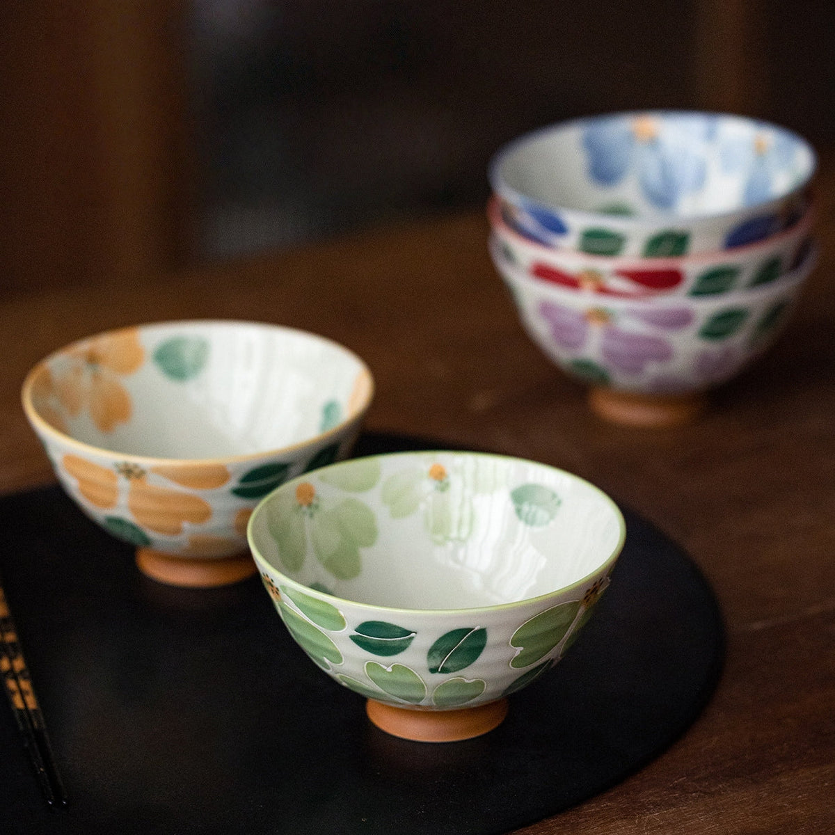 Rice Bowl Set of 5 – Mino Ware Saie Sakura Hand-Painted Ceramic