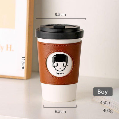 Reusable Coffee Cup Ceramic with Leather Sleeve & Lid – Eco-Friendly Travel Mug | Boy, Girl & Doggie