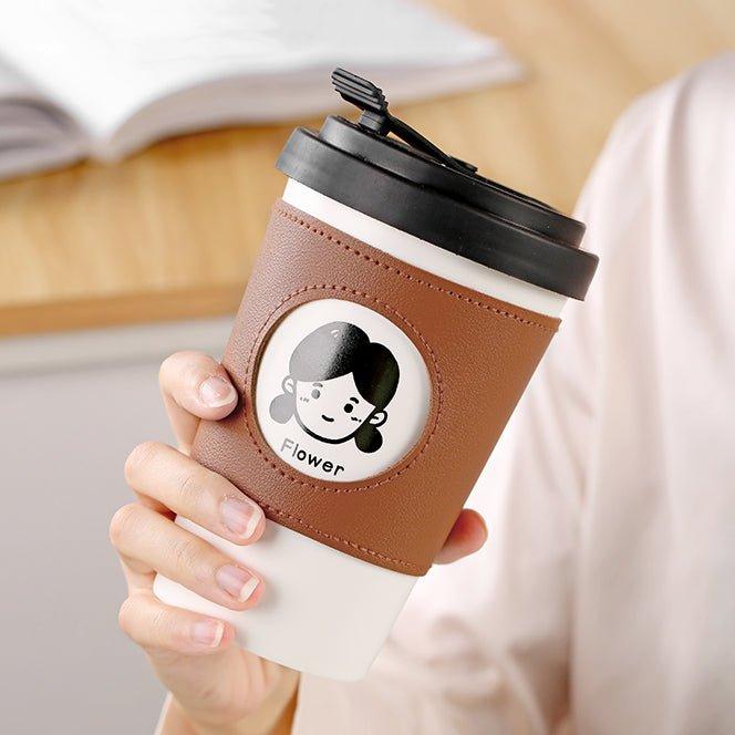 Reusable Coffee Cup Ceramic with Leather Sleeve & Lid – Eco-Friendly Travel Mug | Boy, Girl & Doggie